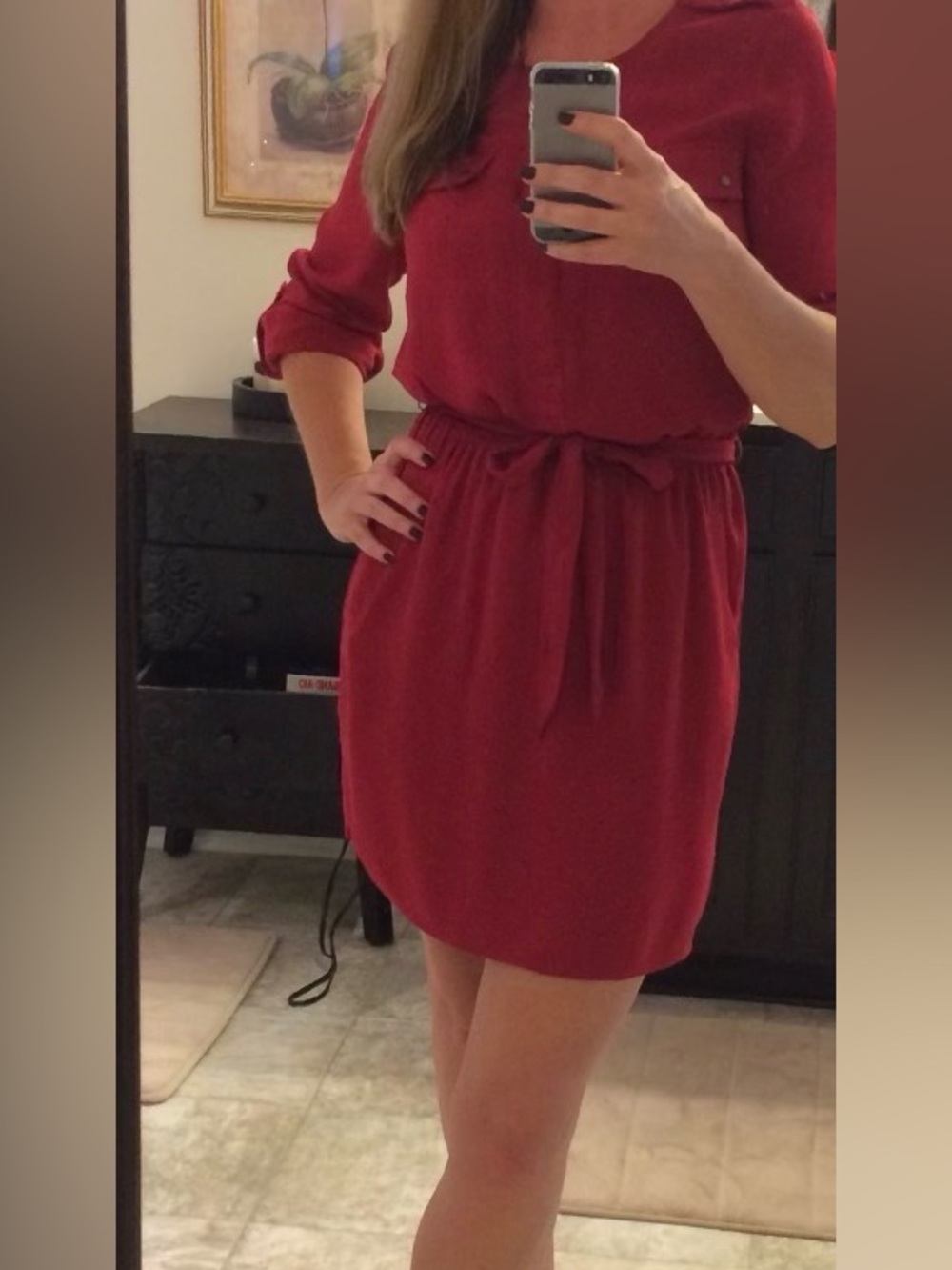 Banana Republic Bright Red Long-Sleeve Tie-Waist Shirt Dress